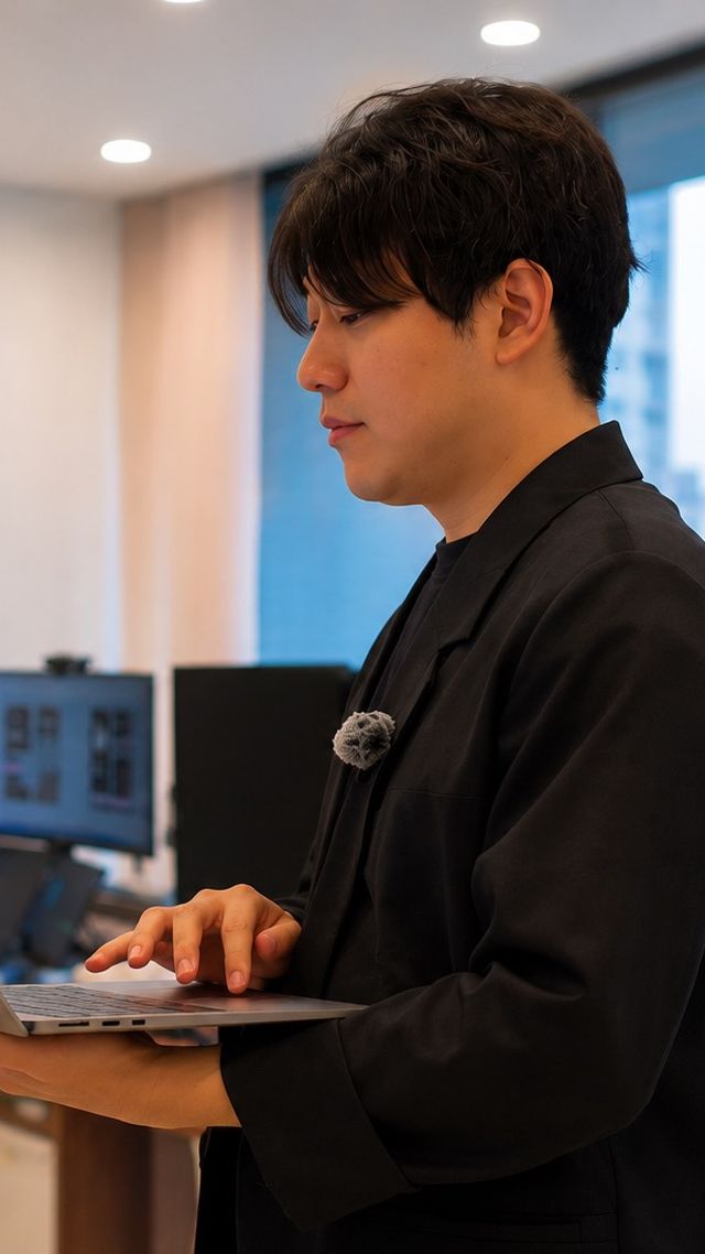 ノートPCを手に立つ社員